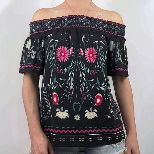 SHEIN Black Boho Floral Off the Shoulder Blouse