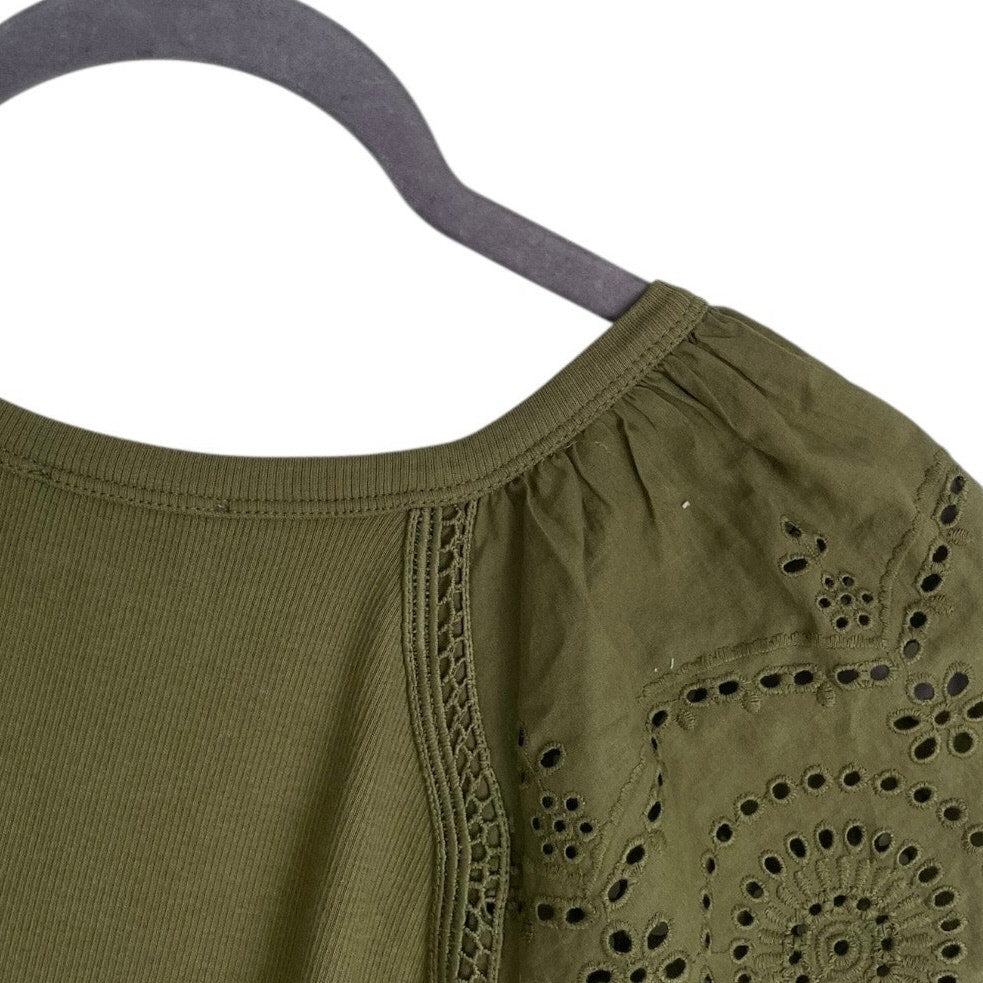 LOFT Olive Green Short Eyelet Puff Sleeve Ribbed Blouse