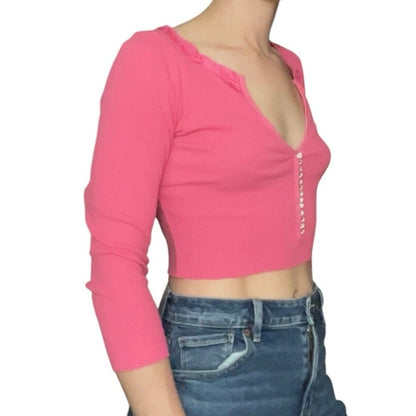 Vintage Pink Rhinestone Ribbed Cropped Ruffled V-Neck Top