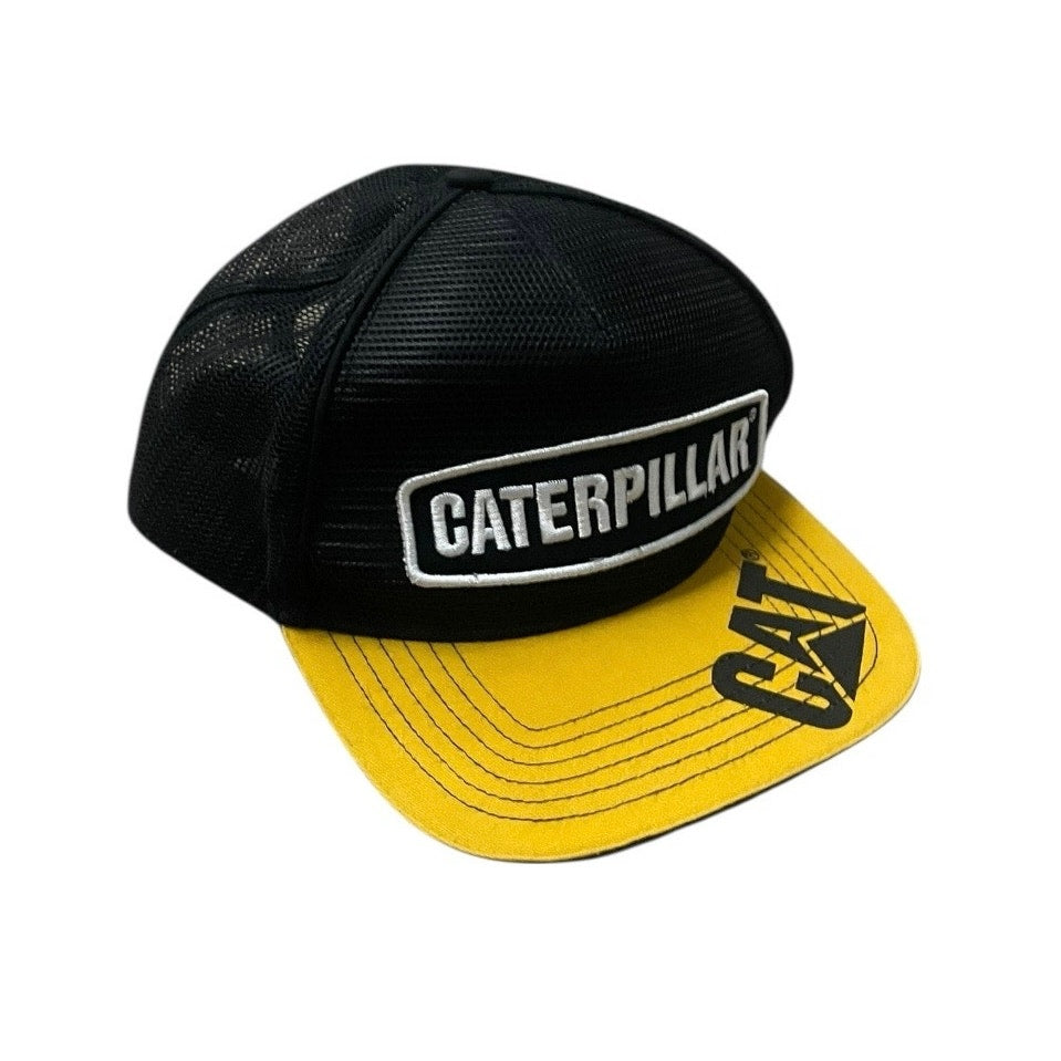 CAT Mens Caterpillar Yellow & Black Mesh Flat Brim Snapback Trucker Hat