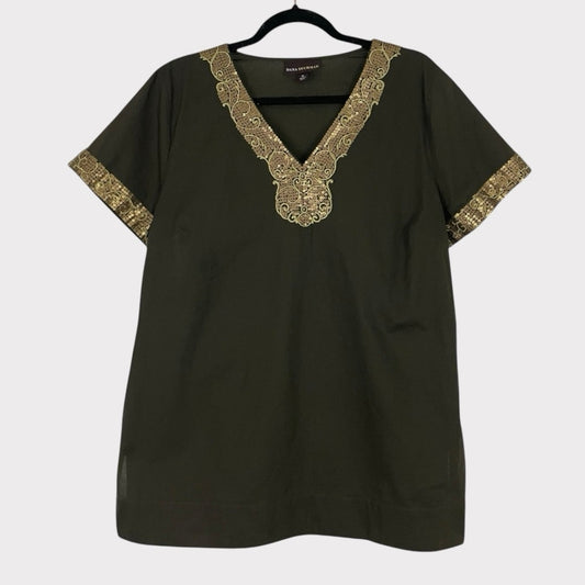 Dana Buchman Green & Gold Sequin Short Sleeve V-Neck Blouse