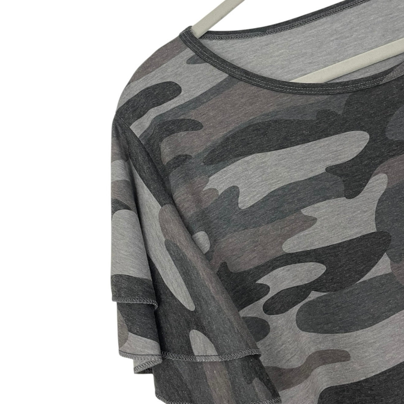 Grey Camouflage Print Tiered Flutter Sleeve T-Shirt Mini Dress
