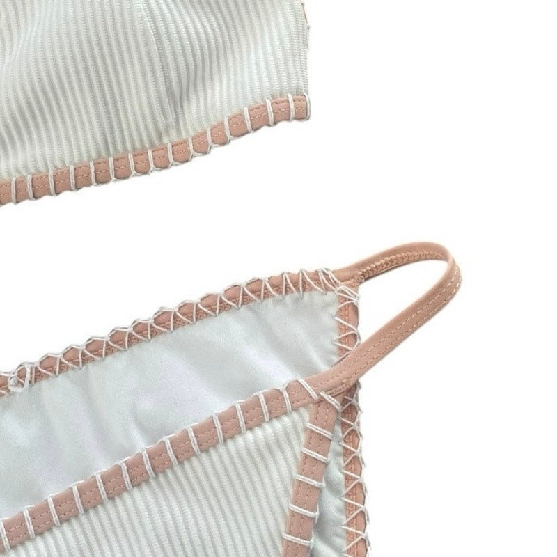 White and Pink Ribbed Bikini with Padding