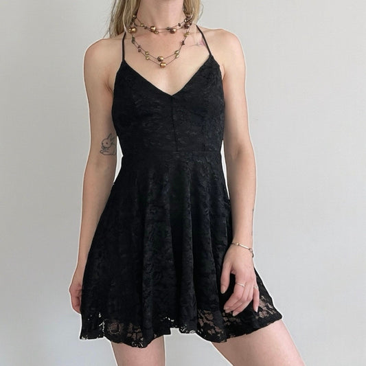 Kimchi Blue Black Lace Open Strappy Cross Tie Back A-Line Mini Dress