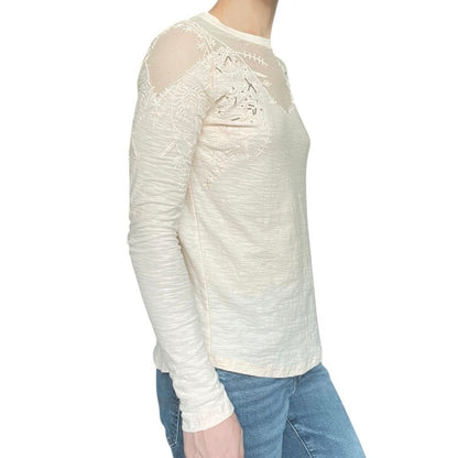 Free People Light Pink Mesh Embroidered Long Sleeve Blouse