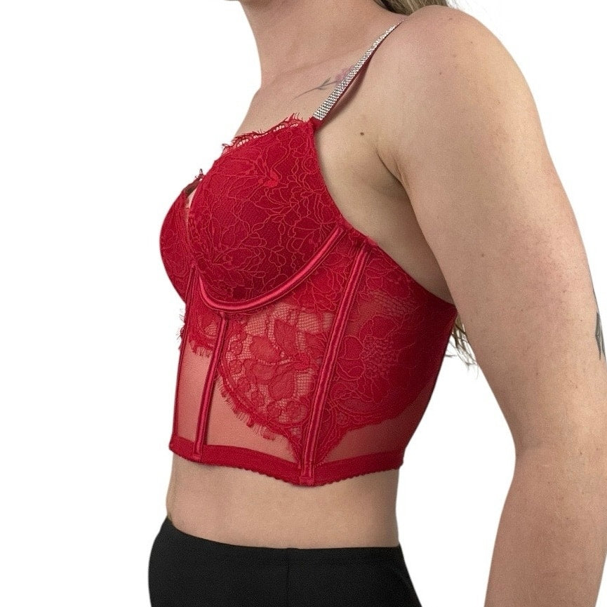 Red Lace Rhinestone Strap Padded Cropped Corset Tank Top