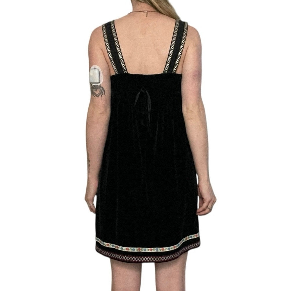 Free People Black Velvet Embroidered Trim Tie Back Mini Dress