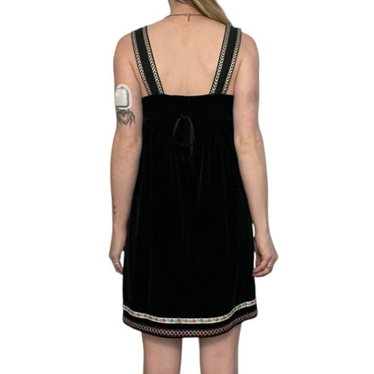 Free People Black Velvet Embroidered Trim Tie Back Mini Dress