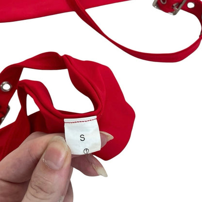 Red Buckle Grommet Cheeky Bikini Set