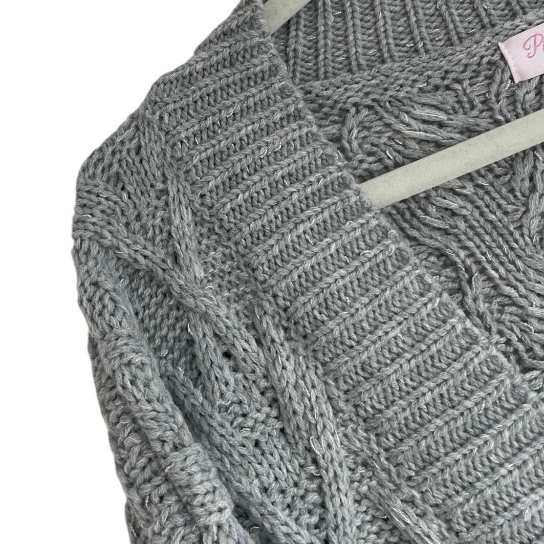 Pink Lily Grey Button Down Metallic Cable Knit Cardigan Sweater