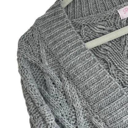 Pink Lily Grey Button Down Metallic Cable Knit Cardigan Sweater