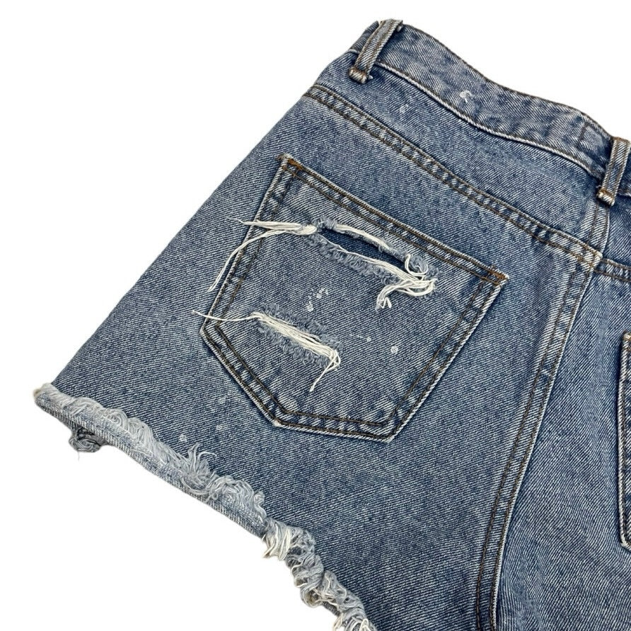 By Flow Patchwork Distressed High Rise Mini Denim Jean Shorts