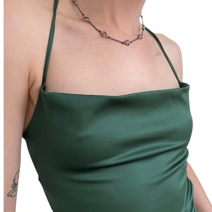 Silky Green Asymmetrical Cinched Halter Neck Open Lace Up Cross Back Dress