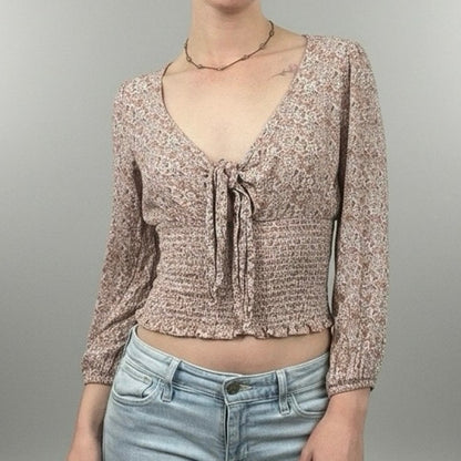American Eagle Floral Long Sleeve Tie Front V-Neck Ruched Blouse