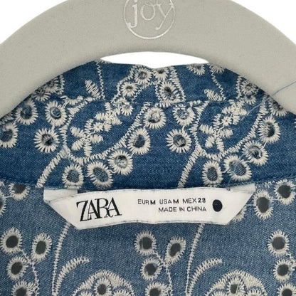 Zara Blue Boho Eyelet Embroidered Button Down Tunic Blouse