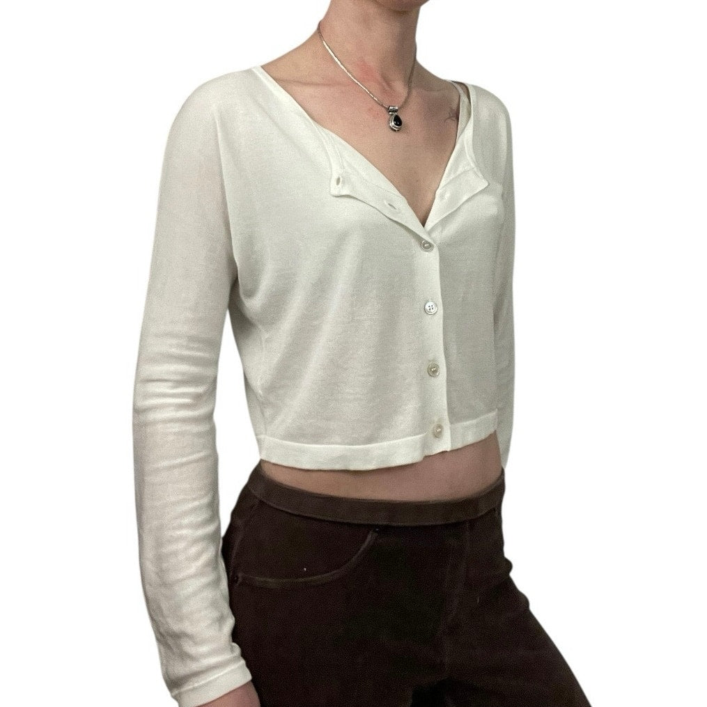 Doncaster Sheer Open-Back Slit Cropped Button Down Cardigan