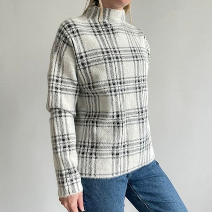 Tahari White & Black Plaid High Neck Fuzzy Knit Sweater
