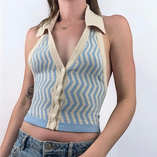 Vintage Blue and Cream Striped Collared Halter Neck Open Back Top