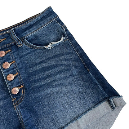 Kancan Dark Wash Distressed High Rise Mini Jean Shorts