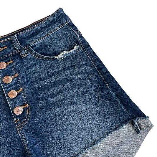 Kancan Dark Wash Distressed High Rise Mini Jean Shorts