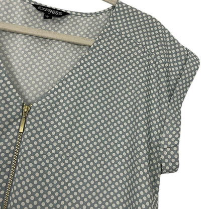 Express Grey & White Polka Dot Quarter Zip V-Neck Cuffed Sleeve Blouse