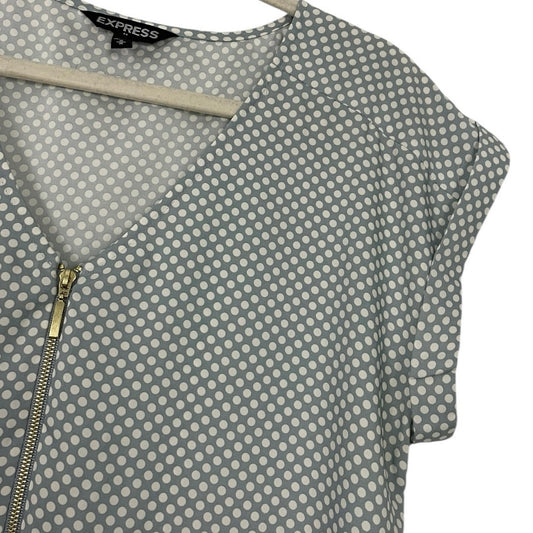 Express Grey & White Polka Dot Quarter Zip V-Neck Cuffed Sleeve Blouse