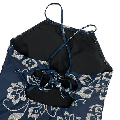 Navy Blue Boho Padded Open Lace Up Back Swim Top