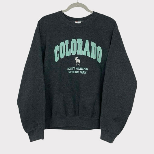Jerzees NuBlend Grey & Blue Colorado RMNP Moose Graphic Sweatshirt