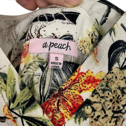 A. Peach Tropical V-Neck A-Line Midi Wrap Dress