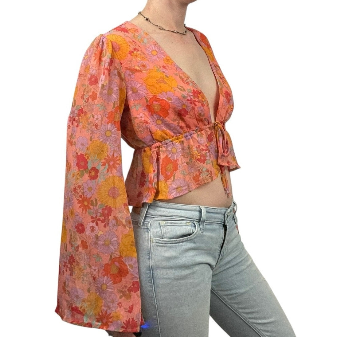 Wild Fable Sheer Orange Floral Long Bell Sleeve Tie Front Blouse