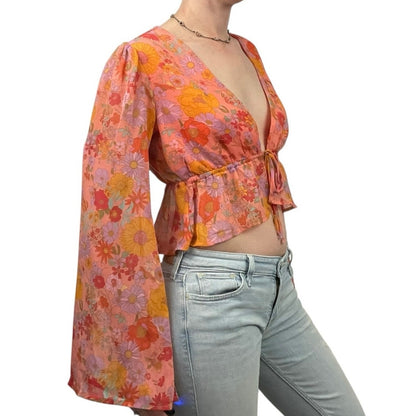 Wild Fable Sheer Orange Floral Long Bell Sleeve Tie Front Blouse