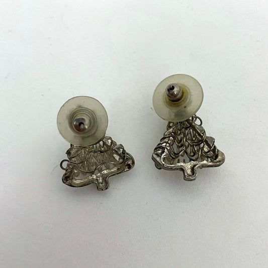 Vintage Silver Wired & Gold Beaded Rhinestone Christmas Tree Stud Earrings
