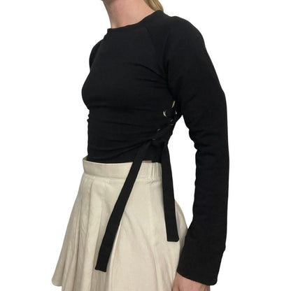 Astonishing Power Black Cropped Lace Side Long Sleeve Top