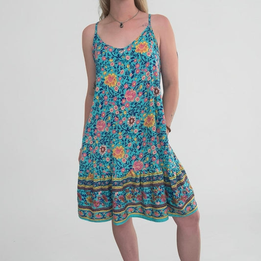 Qearal Blue Boho Floral Print Mini Dress