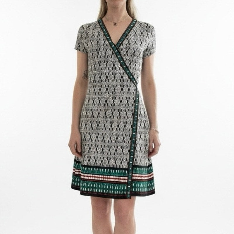 Max Studio Black & White Geometric Teal Trim V-Neck Mini Tie Back Wrap Dress