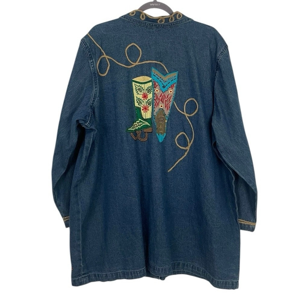 Roaman's Vintage Denim Western Boots Embroidered Button Down Jacket