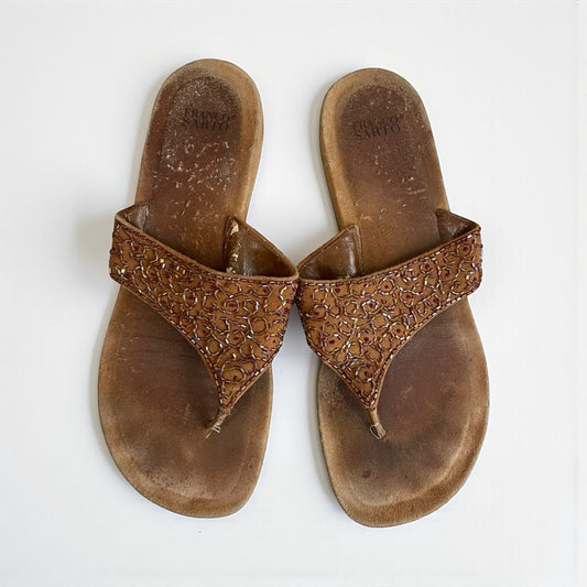 Franco Sarto Nehru Brown Suede Leather Bead Embellished Flip Flip Sandals