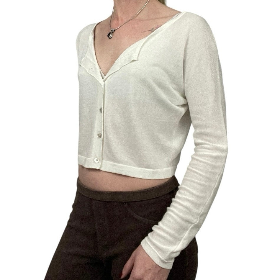 Doncaster Sheer Open-Back Slit Cropped Button Down Cardigan
