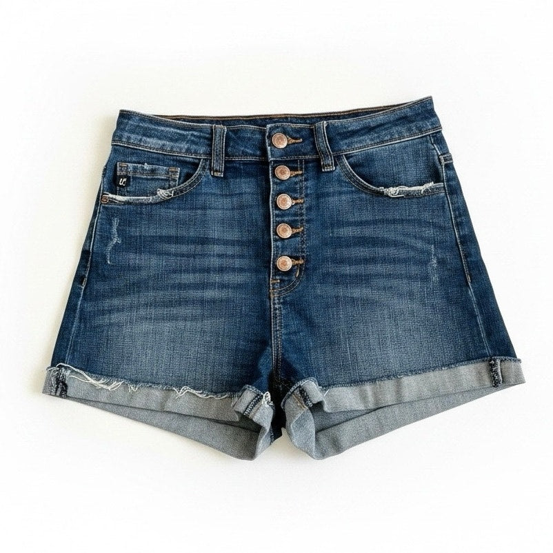 Kancan Dark Wash Distressed High Rise Mini Jean Shorts