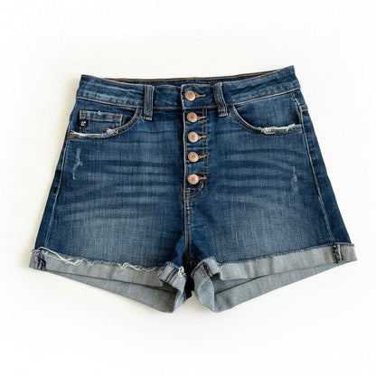 Kancan Dark Wash Distressed High Rise Mini Jean Shorts
