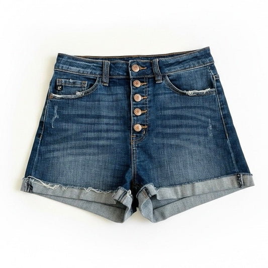 Kancan Dark Wash Distressed High Rise Mini Jean Shorts