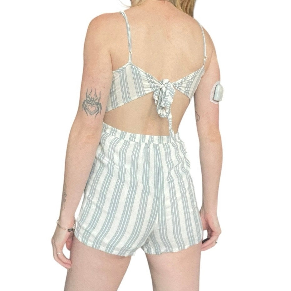 Kendall & Kylie Blue & White Striped Mini Open Tie Back Romper