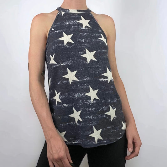 Yahada Soft Knit Navy Blue and White Star Print Tank Top Blouse