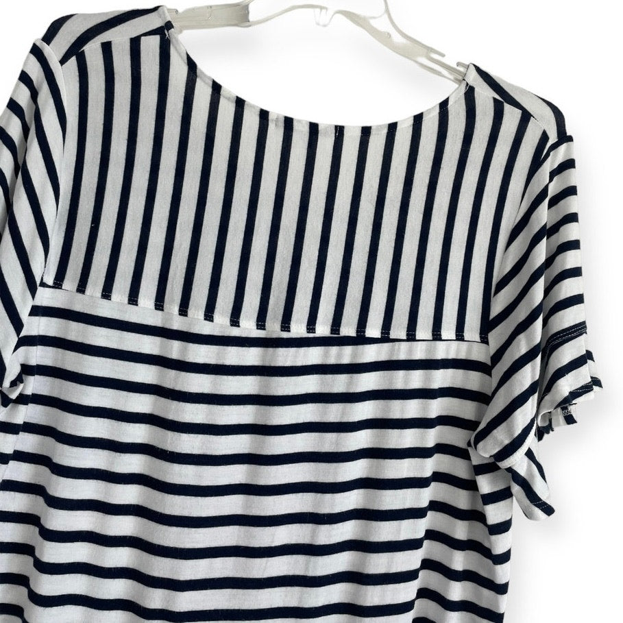 Green Envelope Navy Blue and White Striped Ruffled Short Sleeve Blouse