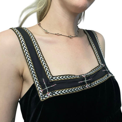Free People Black Velvet Embroidered Trim Tie Back Mini Dress
