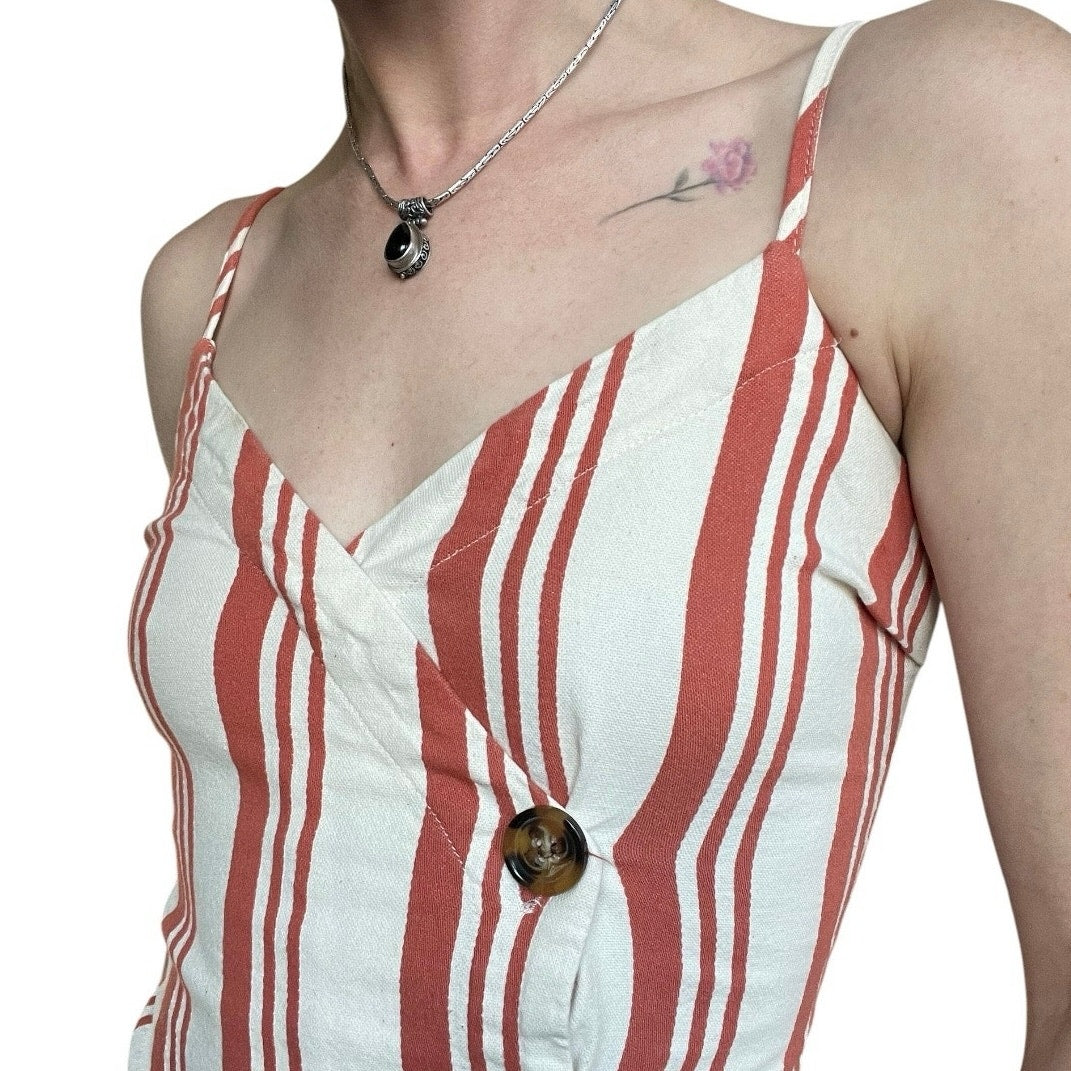 Sky and Sparrow Orange & White Striped Button Down V-Neck Mini Dress