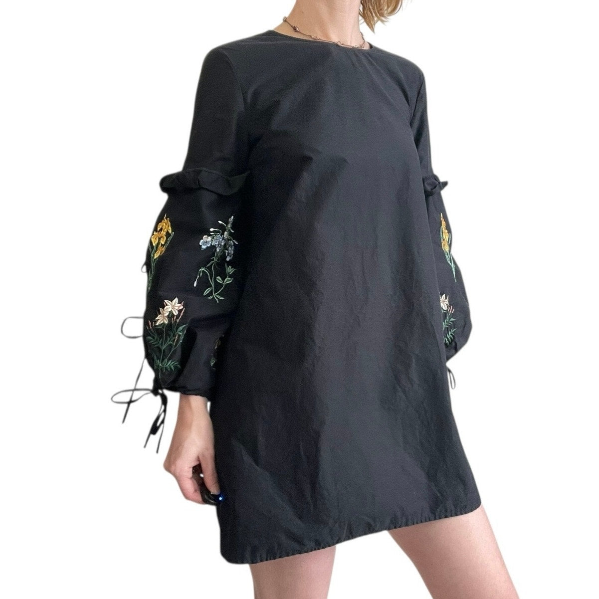 Trafaluc by Zara Black Mini Dress with Lace Up Floral Embroidered Long Sleeves