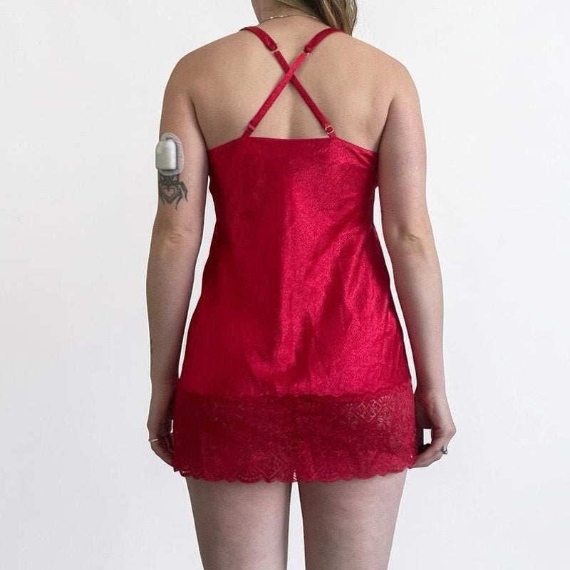 Victoria's Secret Vintage 2000s Red Silky Cross Back Mini Lace Trim Slip Dress