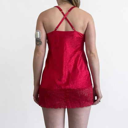 Victoria's Secret Vintage 2000s Red Silky Cross Back Mini Lace Trim Slip Dress