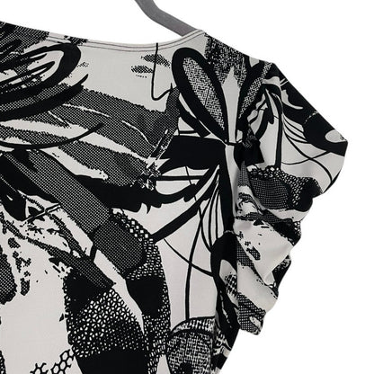 AB Studio Black and White Abstract Ruched Short Puff Sleeve Blouse